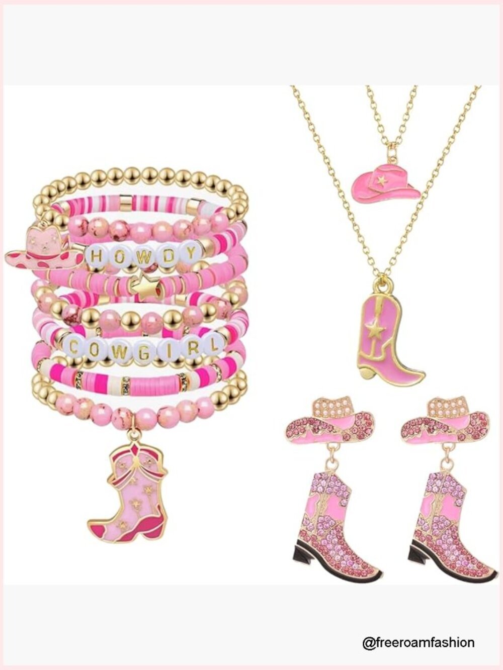 3pc Western Cowgirl Jewelry Set Beaded Stretch Bracelet Necklace Boots Earrings